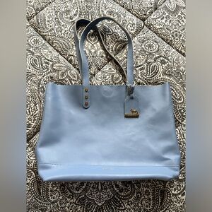 Emma Fox Light Blue Leather Tote Bag Gold Hardware Structured Purse